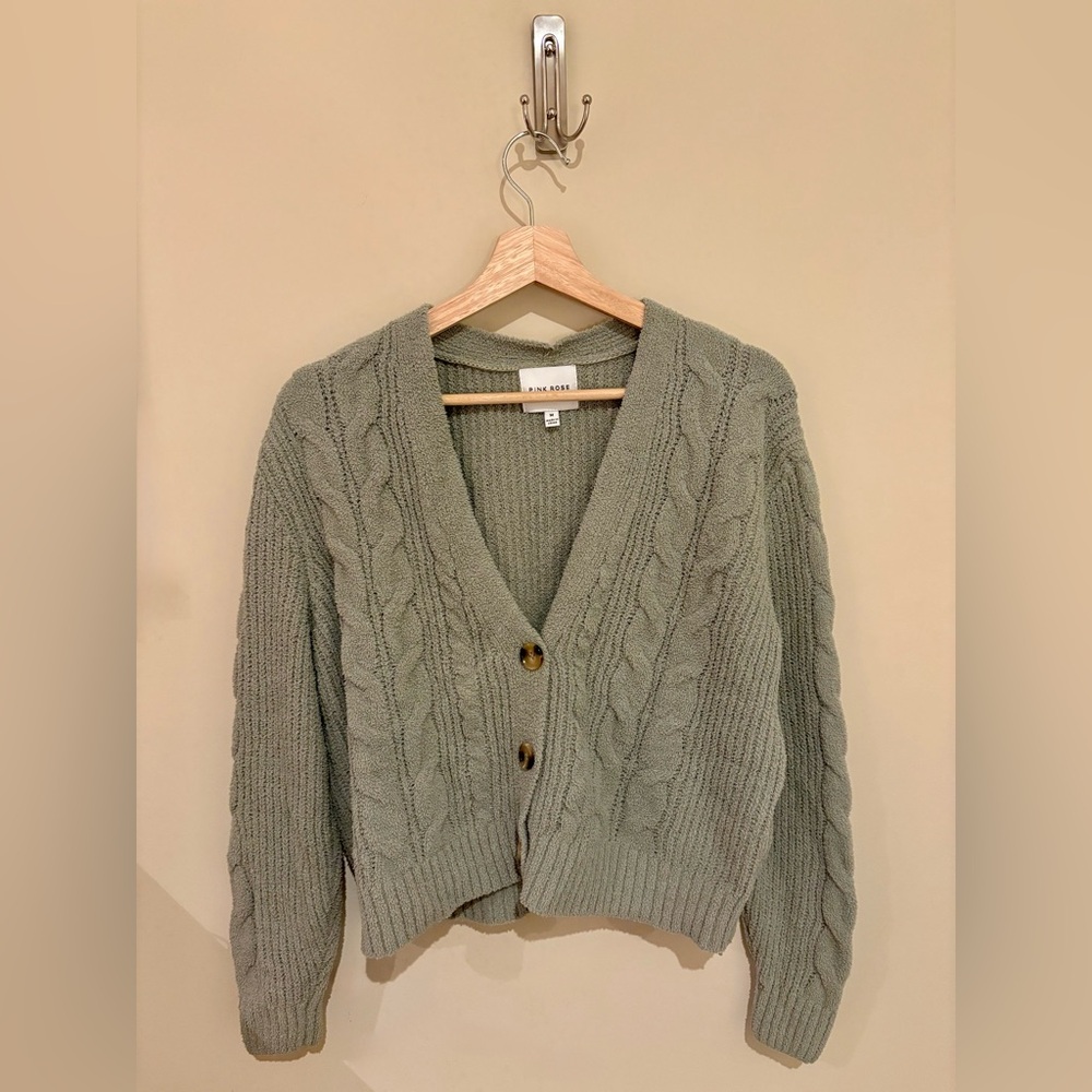 Pink Rose Sage Cable Knit Cropped Cardigan